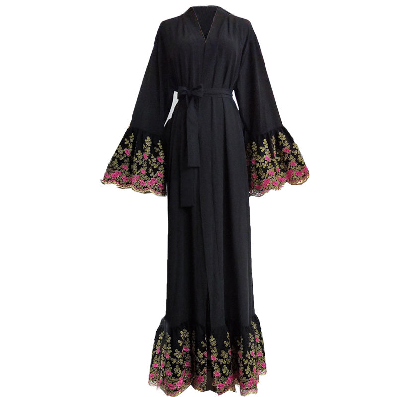 Abaya Cardigan Tunique En Dentelle Brodée De Soie Dorée