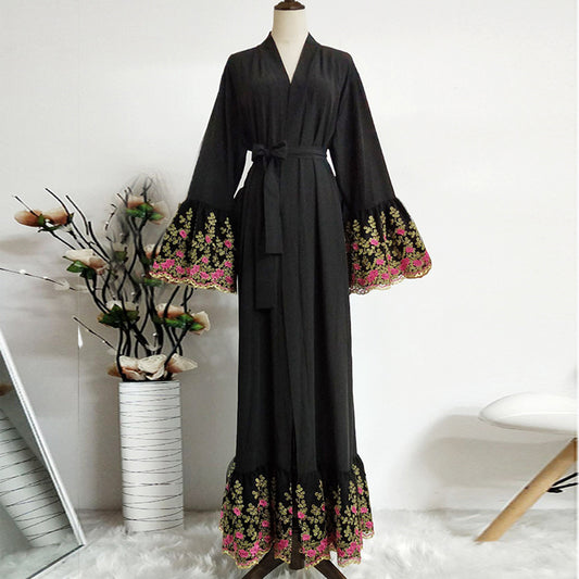 Abaya Cardigan Tunique En Dentelle Brodée De Soie Dorée