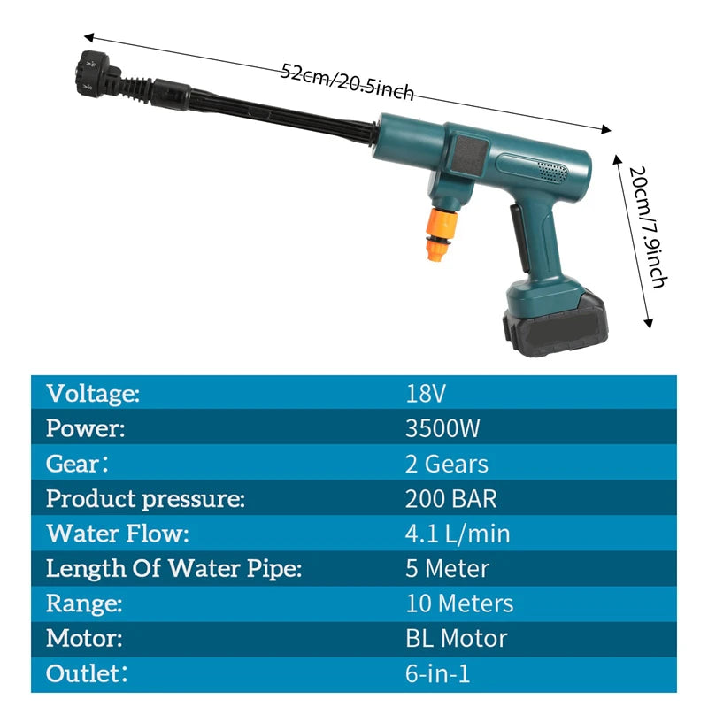 Pistolet de lavage de voiture haute pression sans fil avec batterie 18V, 3500W